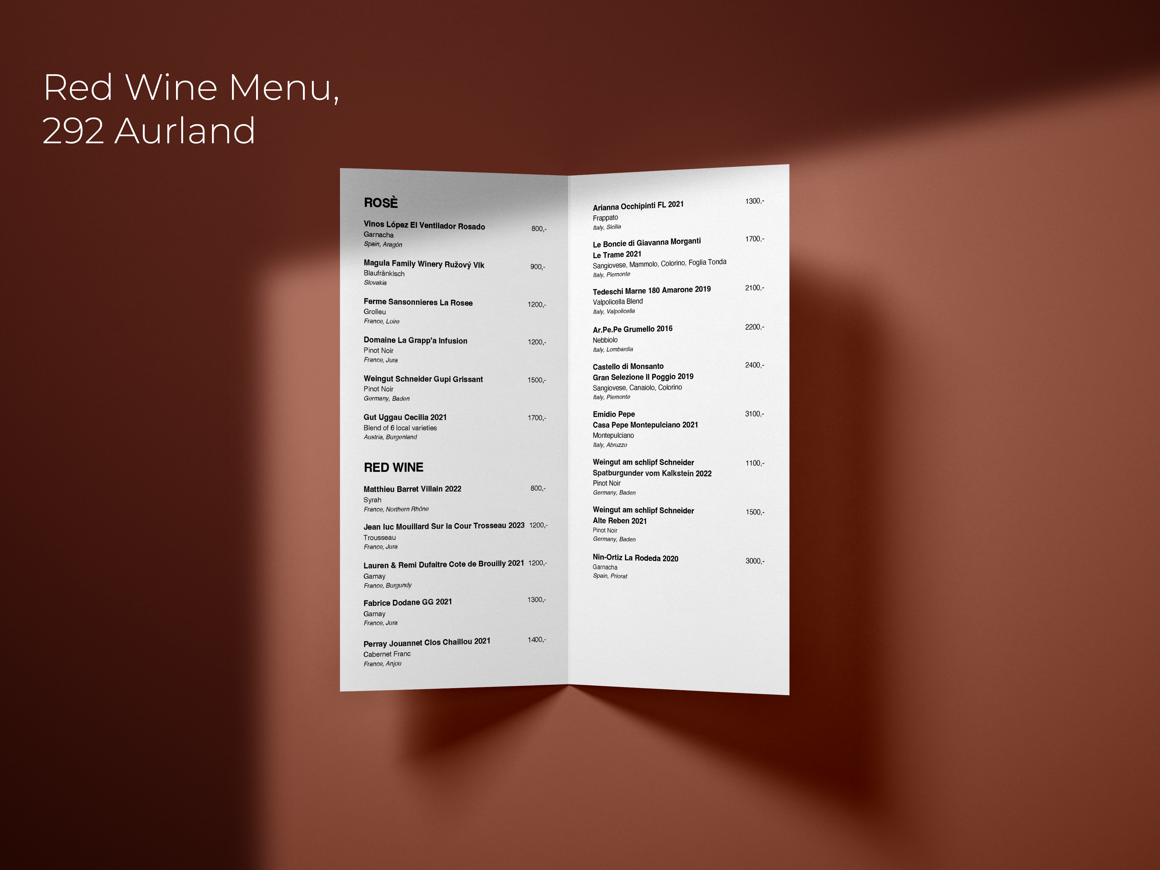 Red wine menu for 292 Aurland